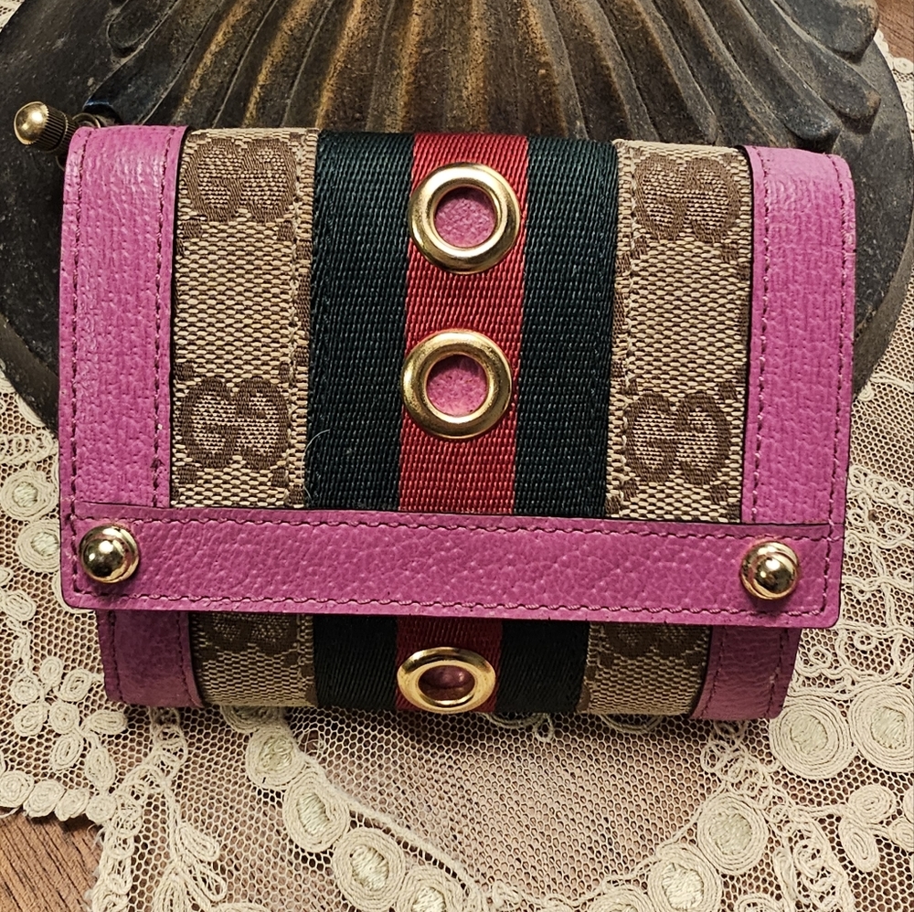 Gucci Ophidia GG canvas & pink leather bifold wallet EUC Authentic